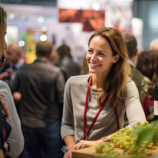 Echange entre deux femmes sur le stand d'un salon pro