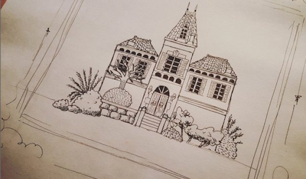 croquis d'un château en vue d'une illustration d'étiquette de vin