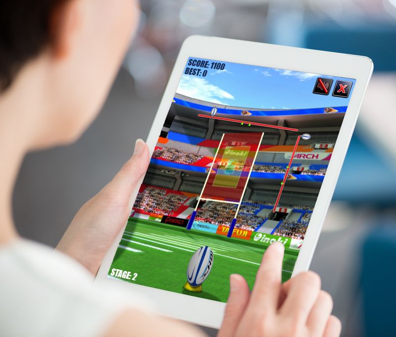 Visuel d'un jeu digital de rugby développé sur le principe de tir de transformation