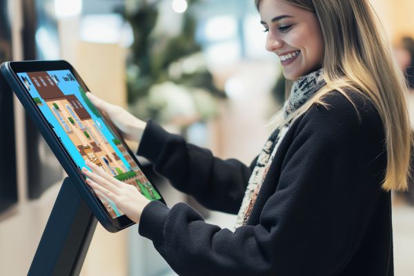 jeune consommatrice jouant à un jeu rétro marketing sur une tablette dans une boutique