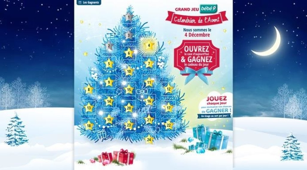 jeu de calendrier de l'avent digital réalisé pour l'enseigne de puériculture Bébé9