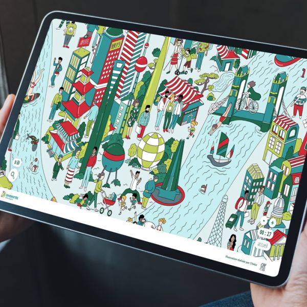Visuel d'un jeu concours avec un Cherche et trouve sur une tablette
