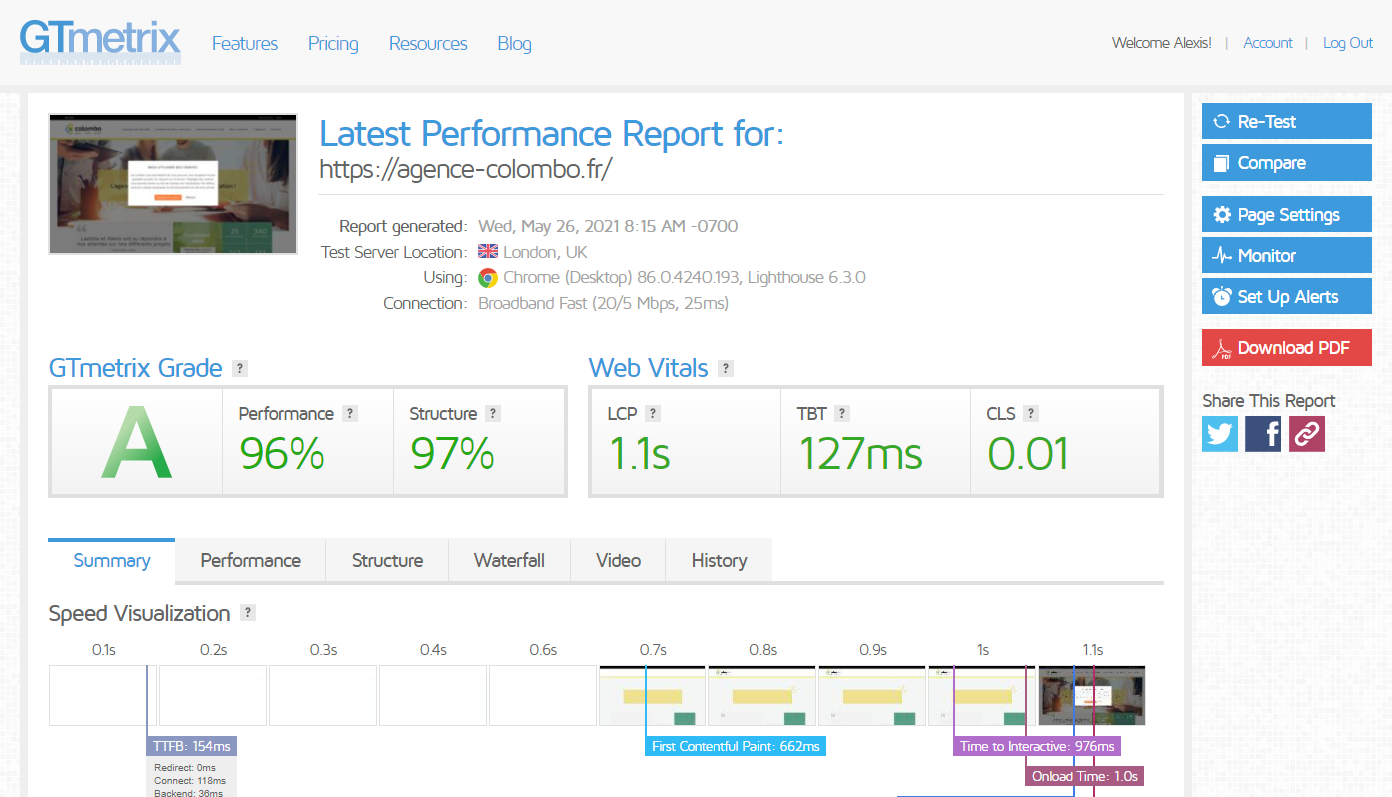 performance site web - Interface GTmetrix