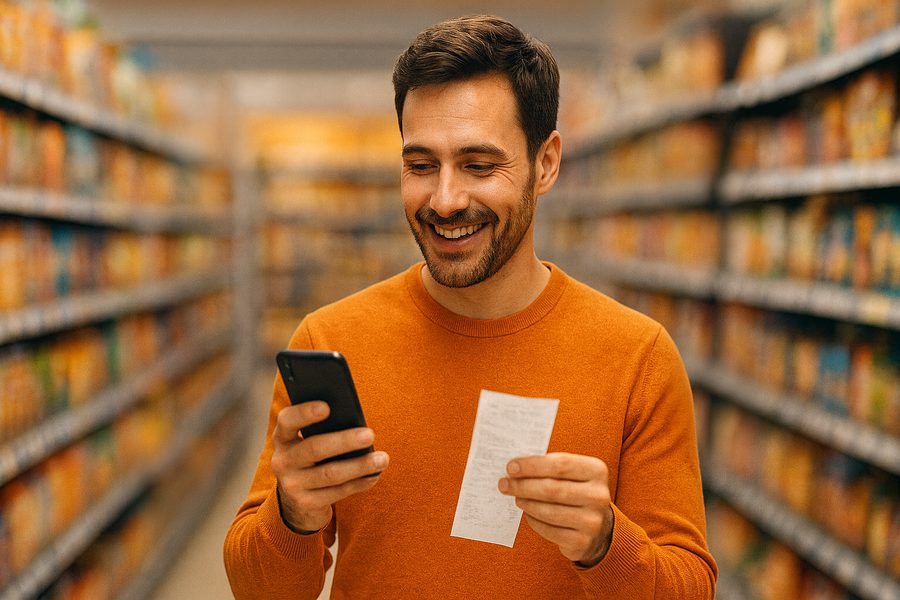 Homme participant à un jeu avec obligation d'achat en scannant son ticket de caisse avec smartphone