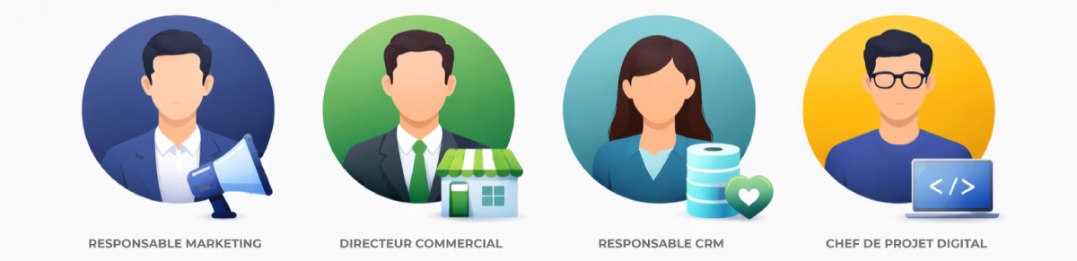 Représentation des 4 profils pour qui une bonne stratégie de jeu avec obligation d'achat peut s'avérer efficace : responsable marketing, directeur commercial,responsable CRM et chef de projet digital