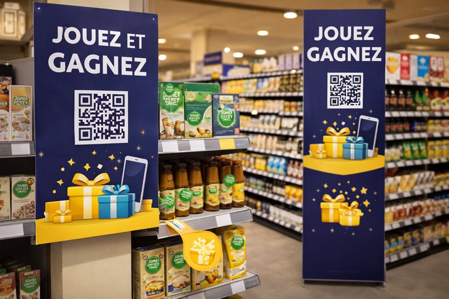 Mise en situation PLV en supermarché : affiche, stickers produits, tête de gondole et wobler pour un jeuavec obligation d'achat