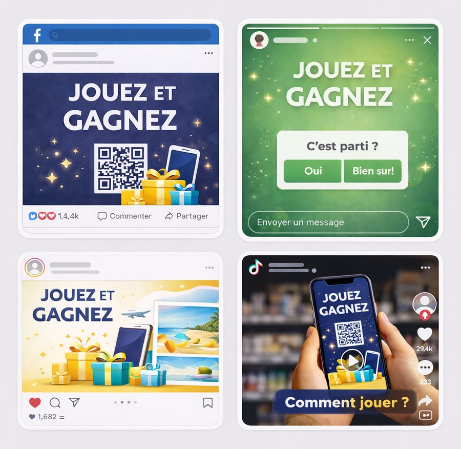 Exemples de publications sur les réseaux sociaux pour promouvoir un jeu avec obligation d'achat :Facebook, Instagram Stories, carrousel et TikTok