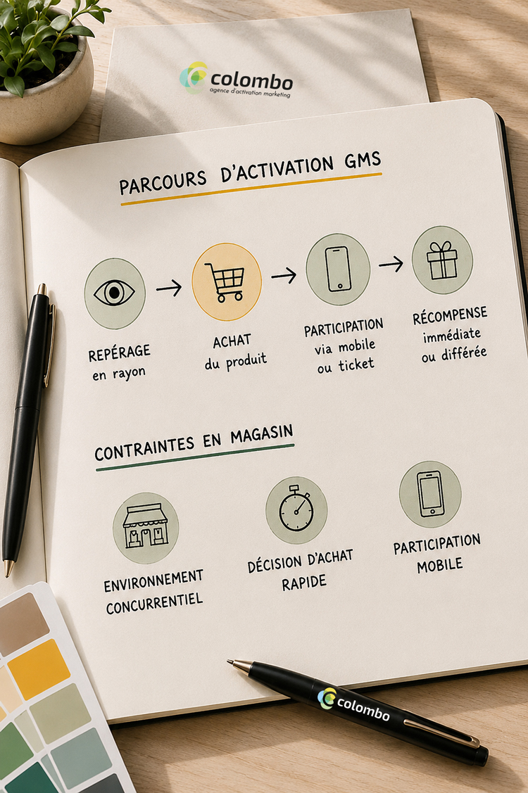 Memento d'activation promotionnelle en GMS illustrant les spécificités de la grande distribution : parcours consommateur, visibilité en magasin et conception d'un dispositif adapté.