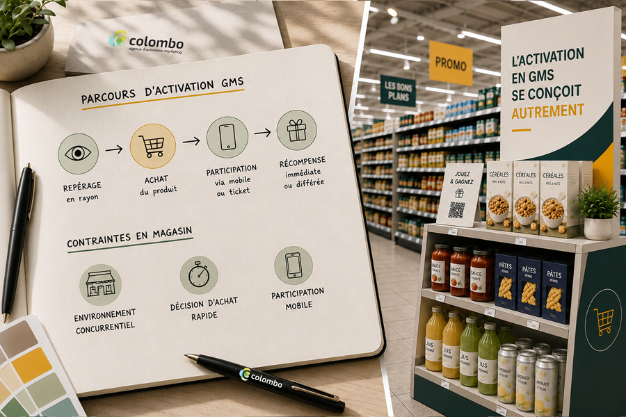 Memento d'activation promotionnelle en GMS illustrant les spécificités de la grande distribution : parcours consommateur, visibilité en magasin et conception d'un dispositif adapté.