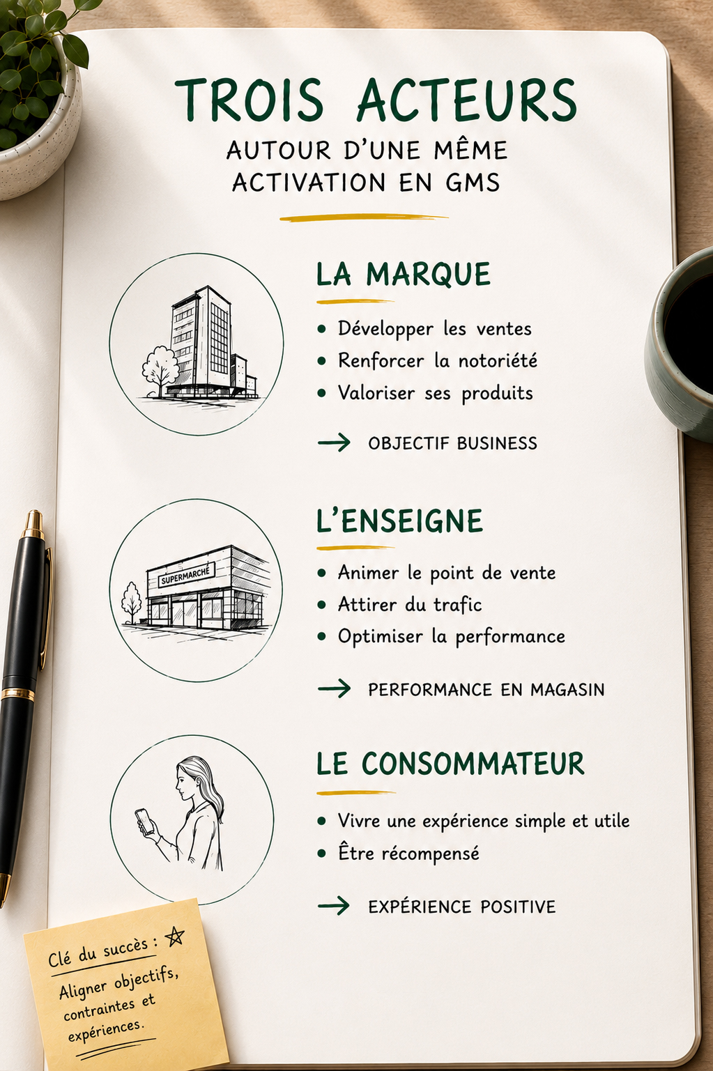 Schéma illustrant les trois acteurs d'une activation promotionnelle en GMS : la marque, l'enseigne distributrice et le consommateur, dont l'équilibre conditionne la réussite de l'opération.