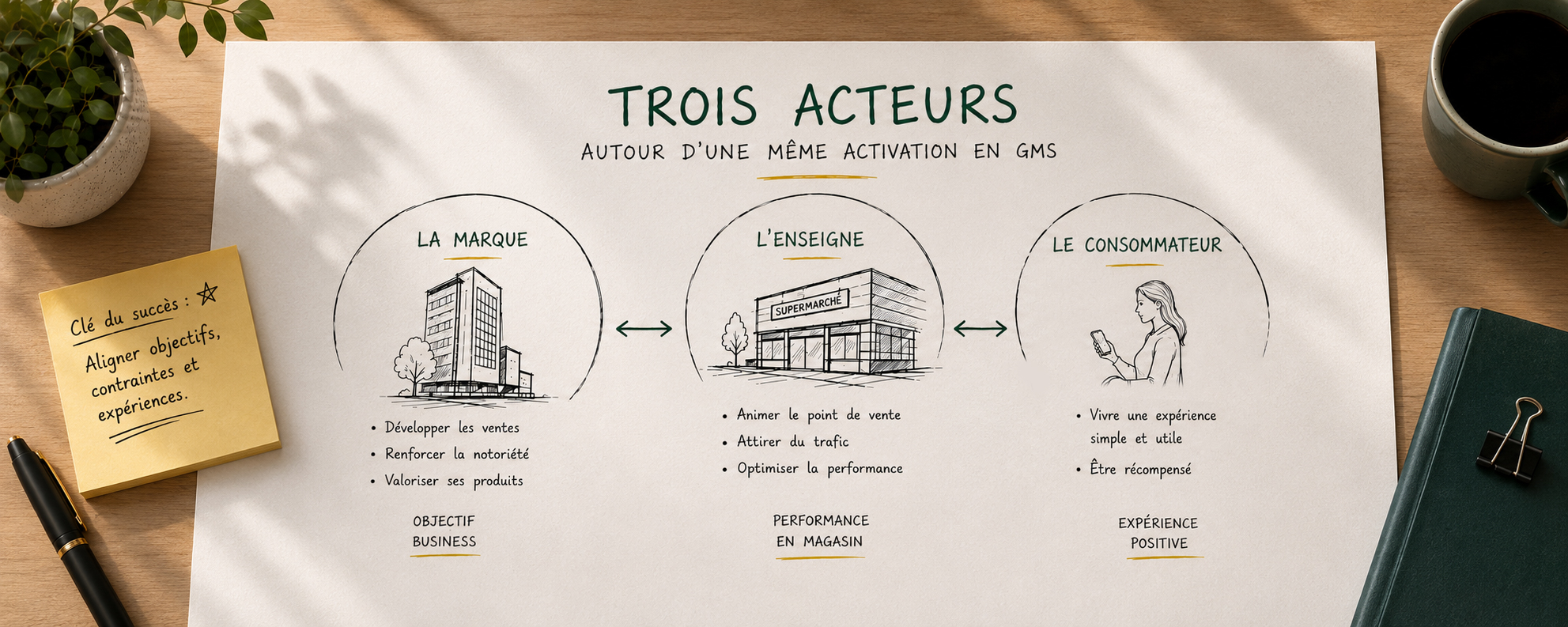 Schéma illustrant les trois acteurs d'une activation promotionnelle en GMS : la marque, l'enseigne distributrice et le consommateur, dont l'équilibre conditionne la réussite de l'opération.