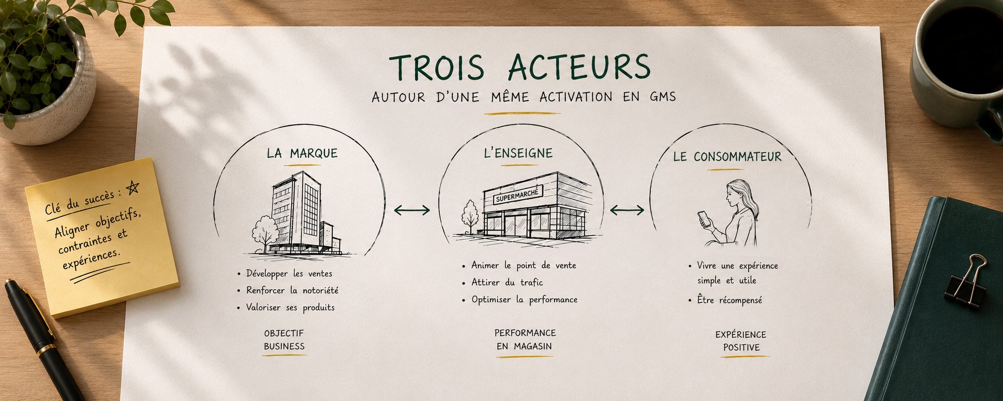 Schéma illustrant les trois acteurs d'une activation promotionnelle en GMS : la marque, l'enseigne distributrice et le consommateur, dont l'équilibre conditionne la réussite de l'opération.
