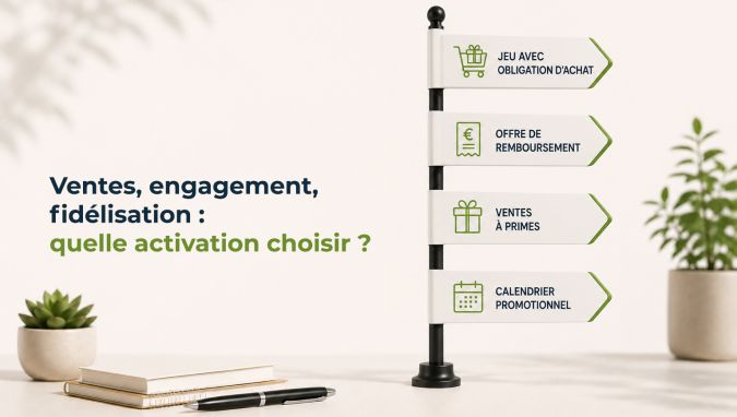 Illustration représentant différentes mécaniques d’activation promotionnelle : jeu avec obligation d’achat, offre de remboursement, vente à prime et calendrier promotionnel pour atteindre des objectifs de ventes, d’engagement et de fidélisation.