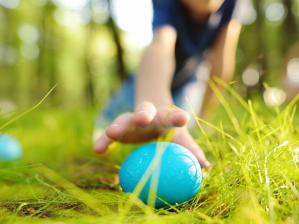 article de blog idées de jeu-concours pâques agence Colombo - main d'un enfant qui attrape un oeuf lors d'une chasse aux oeufs en pleine nature 